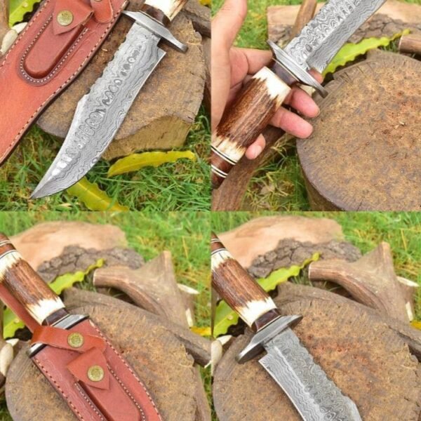 Handcrafted Damascus Steel Bowie Knife – Stag Antler Handle Hunting Knife with Genuine Leather Sheath
