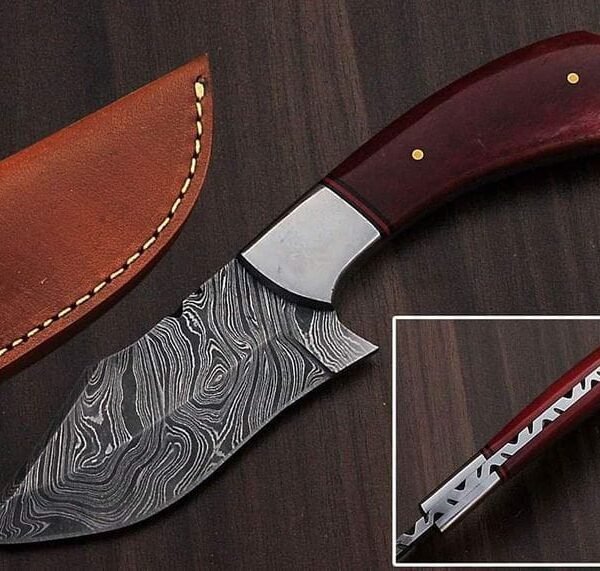 Handmade Damascus Steel Skinning Knife – Custom Rosewood Handle Fixed Blade Tracker Knife with File work Spine & Leather Sheath
