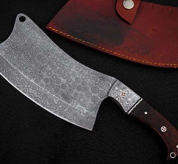 Handmade Damascus Steel Meat Cleaver – Raindrop Pattern Chopping Knife with Rosewood Handle & Stamped Leather Sheath