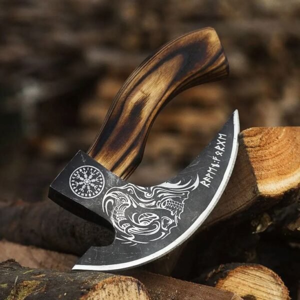 Handmade Viking Ulu Knife – Custom Forged Bearded Axe & Carved Wood Handle