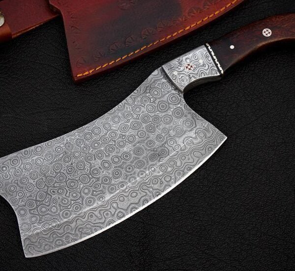 Handcrafted Damascus Steel Meat Cleaver & Leather Sheath | Heavy Duty Chopper