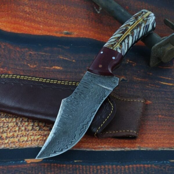 Handcrafted Damascus Steel Tracker Knife with Resin Handle & Leather Sheath