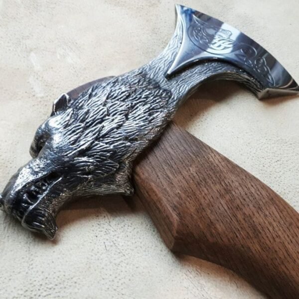 Handcrafted Wolf Head Viking Axe | Custom Carved Norse Tomahawk