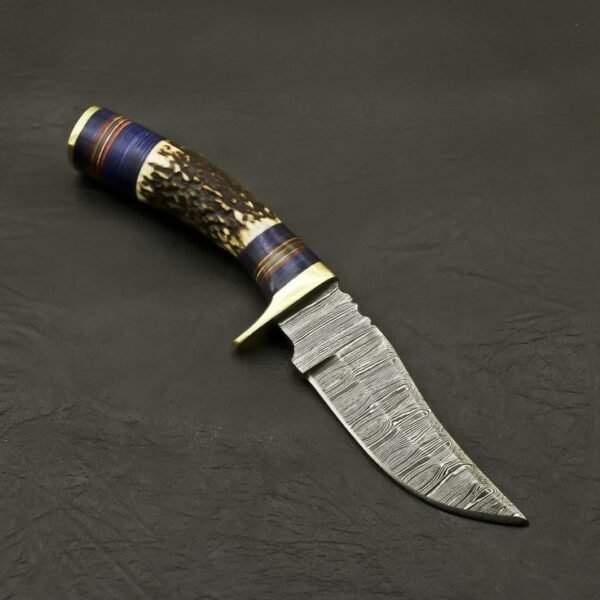 Custom Handmade Damascus Steel Hunting Knife with Stag Antler Handle