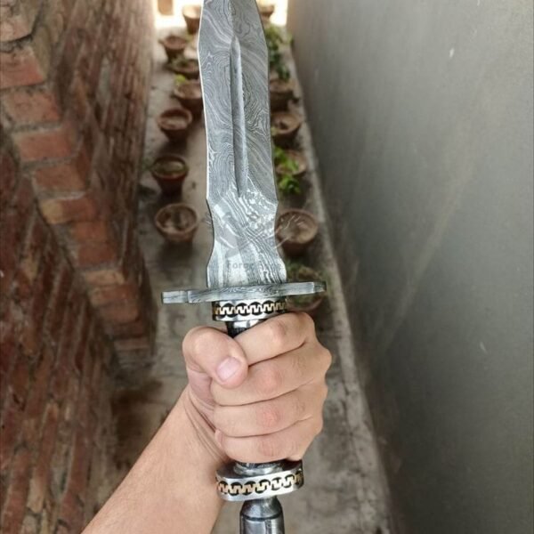 Handmade Damascus Steel Double-Edged Dagger with Fuller & Detailed Metal Hilt