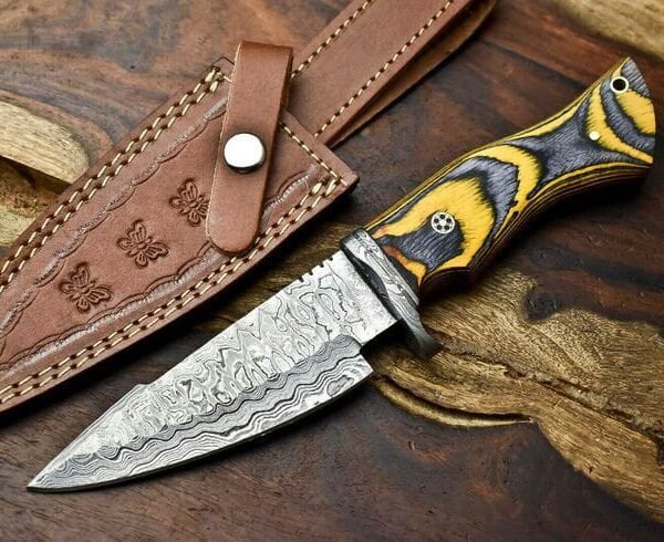 Custom Handmade Damascus Steel Bowie Hunting Knife with Camel Bone Handle & Leather Sheath