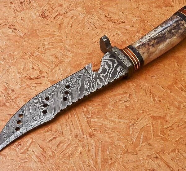 Custom Handmade Damascus Steel Tracker Knife with Bone Handle, Sawback & Speed Holes