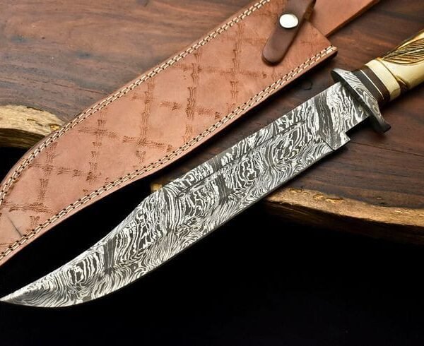 Handmade Damascus Steel Bowie Knife with Carved Bone Handle, Damascus Guard & Leather Sheath