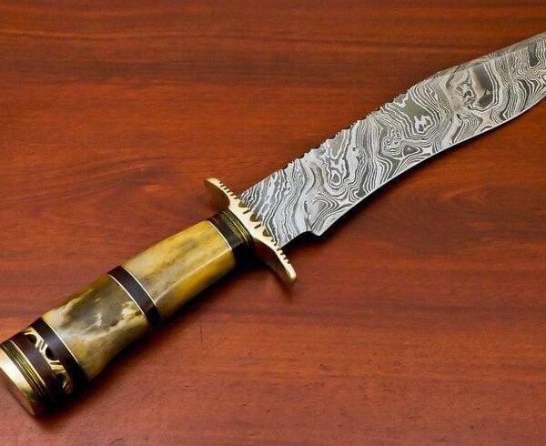 Custom Handmade Damascus Steel Bowie Knife with Natural Horn Handle, Notched Brass Guard & Pommel