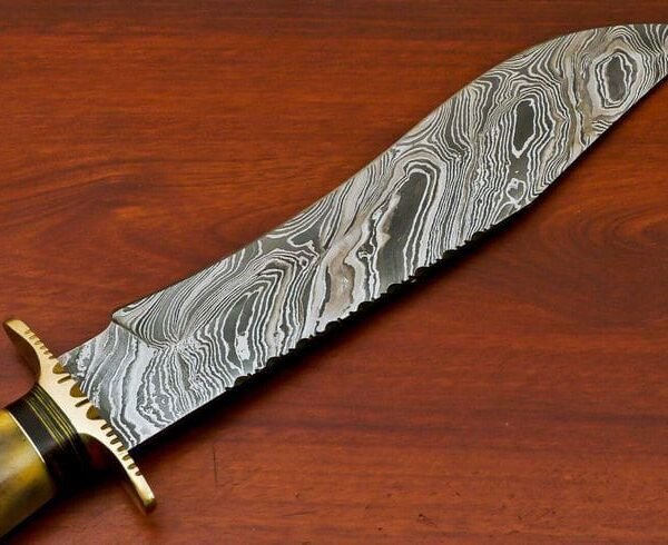 Custom Handmade Damascus Steel Bowie Knife with Natural Bone Handle & Detailed Brass Guard