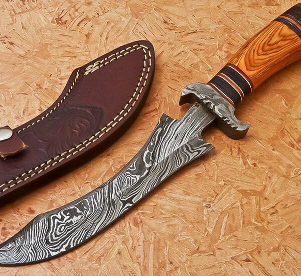 Custom Handmade Damascus Steel Scimitar / Persian Fighter Knife with Wood Handle & Leather Sheath