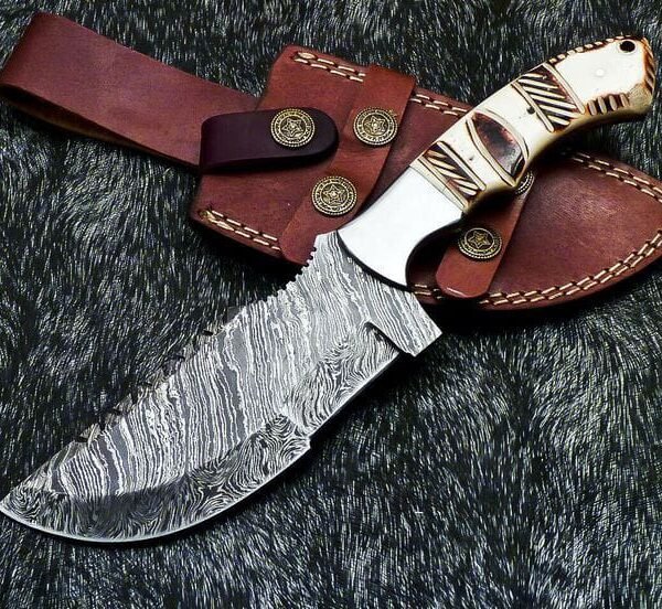 Handmade Damascus Steel Tactical Tracker Knife with Carved Bone Handle, Saw back Spine & Steel Bolster