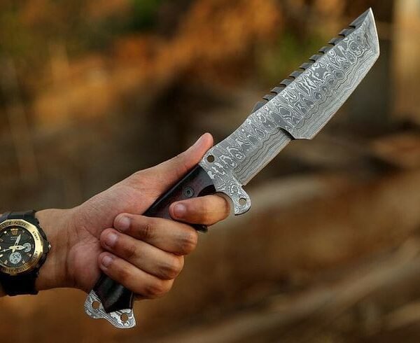 Custom Handmade Damascus Steel Tanto Survival Knife with Sawback Spine & Ergonomic Wood Handle