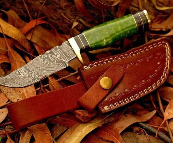 Handmade Damascus Steel Hunting Knife with Green Burl Wood Handle, Brass Guard & Leather Sheath