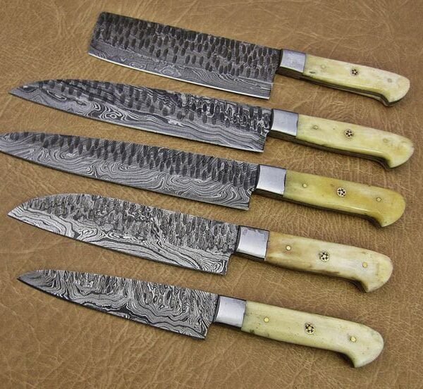 Handcrafted Damascus Steel Chef Knife Set | 5-Piece Kitchen Knives with Bone Handle