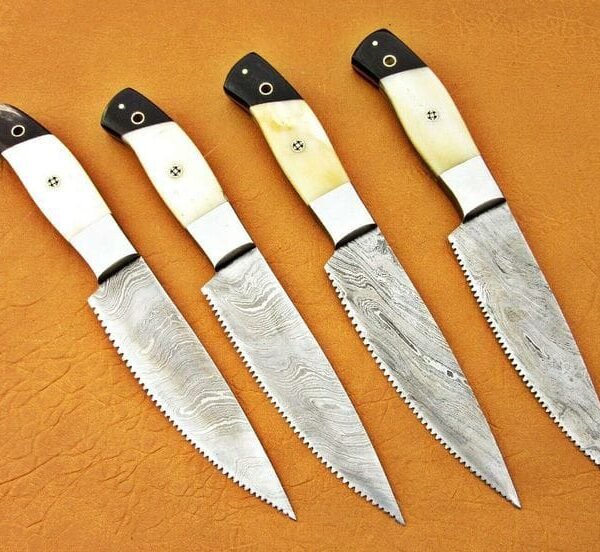 Custom Handmade Damascus Steel Serrated Steak Knife Set with Bone & Horn Handles, Steel Bolsters