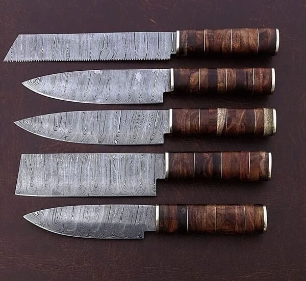 Premium 5-Piece Handcrafted Damascus Steel Kitchen Knife Set | Stacked Wood Handle Cutlery
