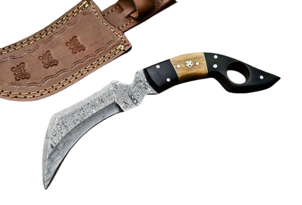 Custom Handmade Damascus Steel Karambit Claw Knife with Wood & Horn Handle, Stamped Leather Sheath