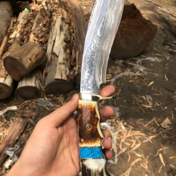 Custom Handmade Copper Mai Damascus Steel Kukri / Bowie Knife with Stag Antler & Turquoise Handle