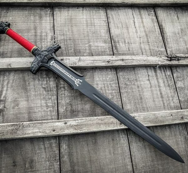 Gothic Fantasy Medieval Broadsword with Black Matte Blade, Runic Inscriptions & Red Cord Handle