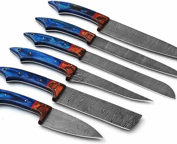 Handmade 6-Piece Damascus Steel Chef Knife Set with Blue & Burl Wood Handles | Professional Kitchen Cutlery