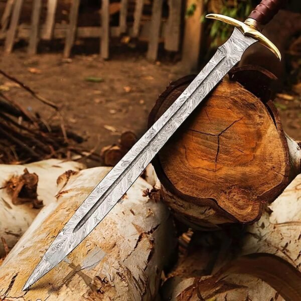 Handmade Damascus Steel Sword | Custom Medieval Short Sword with Brass Guard