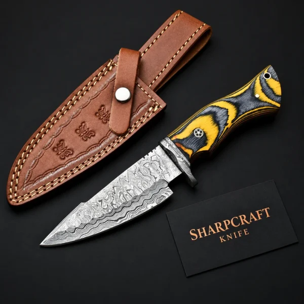 Sharpcraft Damascus Bowie knife with black and yellow handle, brown leather sheath and branded visiting card on black