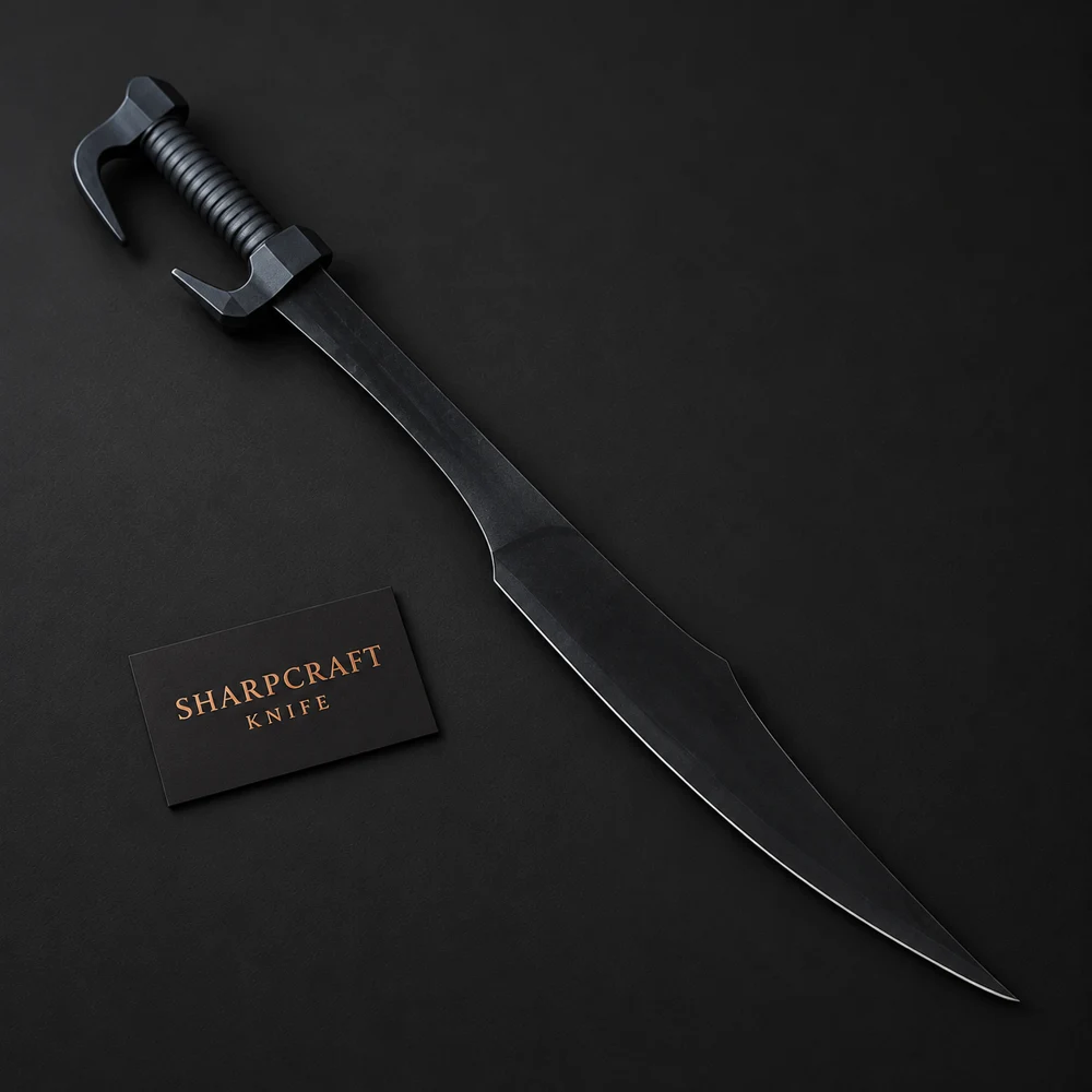 Matte black Spartan kopis sword with ribbed handle and Sharpcraft Knife card on a black background