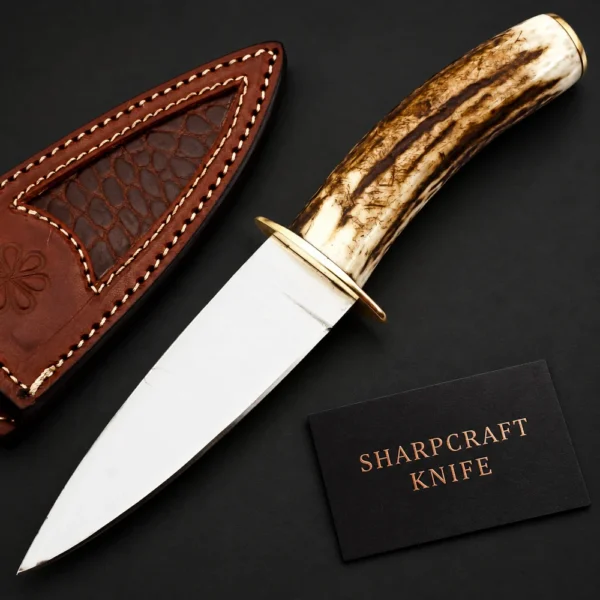 Antler Style Handle Hunting Knife — product view on black with Sharpcraft Knife card