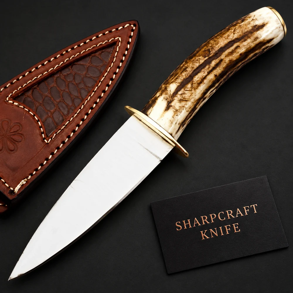 Antler Style Handle Hunting Knife on black with Sharpcraft Knife card