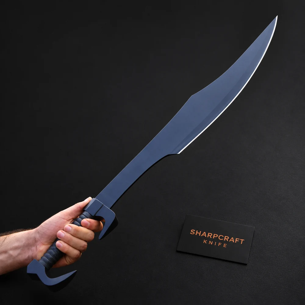 Black Spartan Kopis Sword on a black background with Sharpcraft Knife card