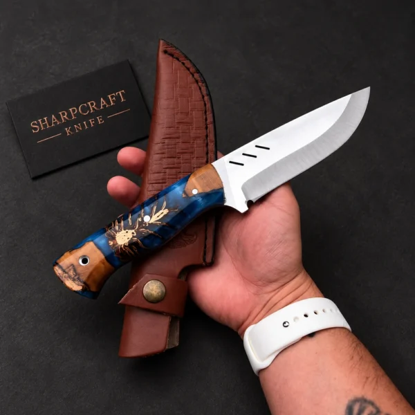 Blue and Burl Handle Fixed Blade Knife — branded product view 1