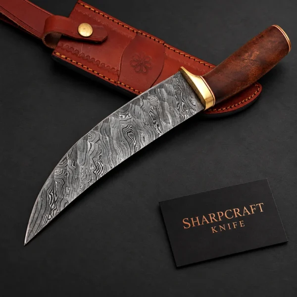 Curved Damascus Knife with Rounded Wood Handle — main product view on black with Sharpcraft Knife card