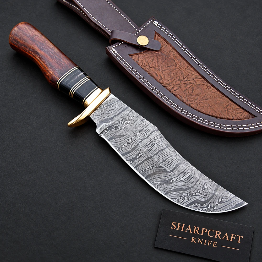 Curved Damascus Knife with Wood and Dark Grip — main product view on black with Sharpcraft Knife card