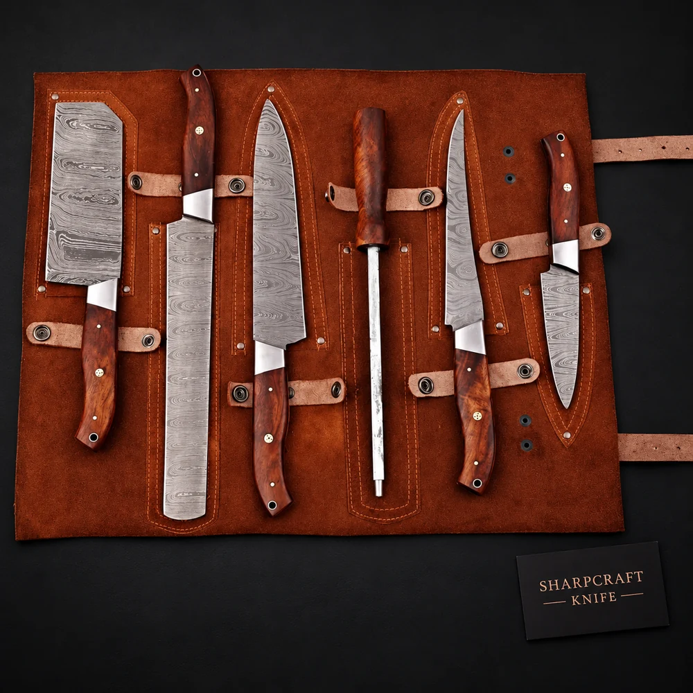 Damascus BBQ Chef Set Leather Roll on a black background with Sharpcraft Knife card