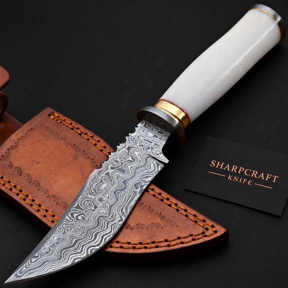 Damascus Bowie Knife Camel Bone on a black background with Sharpcraft Knife card