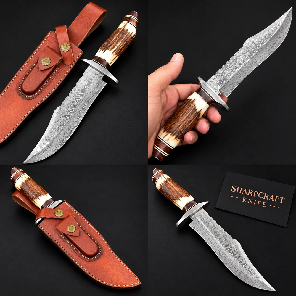 Damascus Bowie Knife Stag Antler on a black background with Sharpcraft Knife card