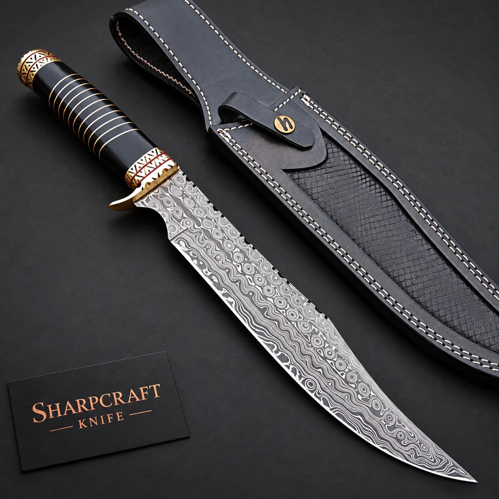 Damascus Bowie with Banded Dark Handle — product view 1