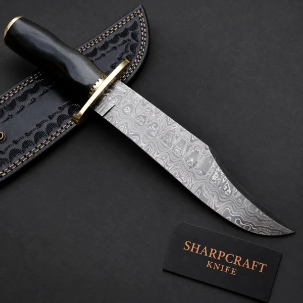 Damascus Bowie with Dark Handle — main product view on black with Sharpcraft Knife card