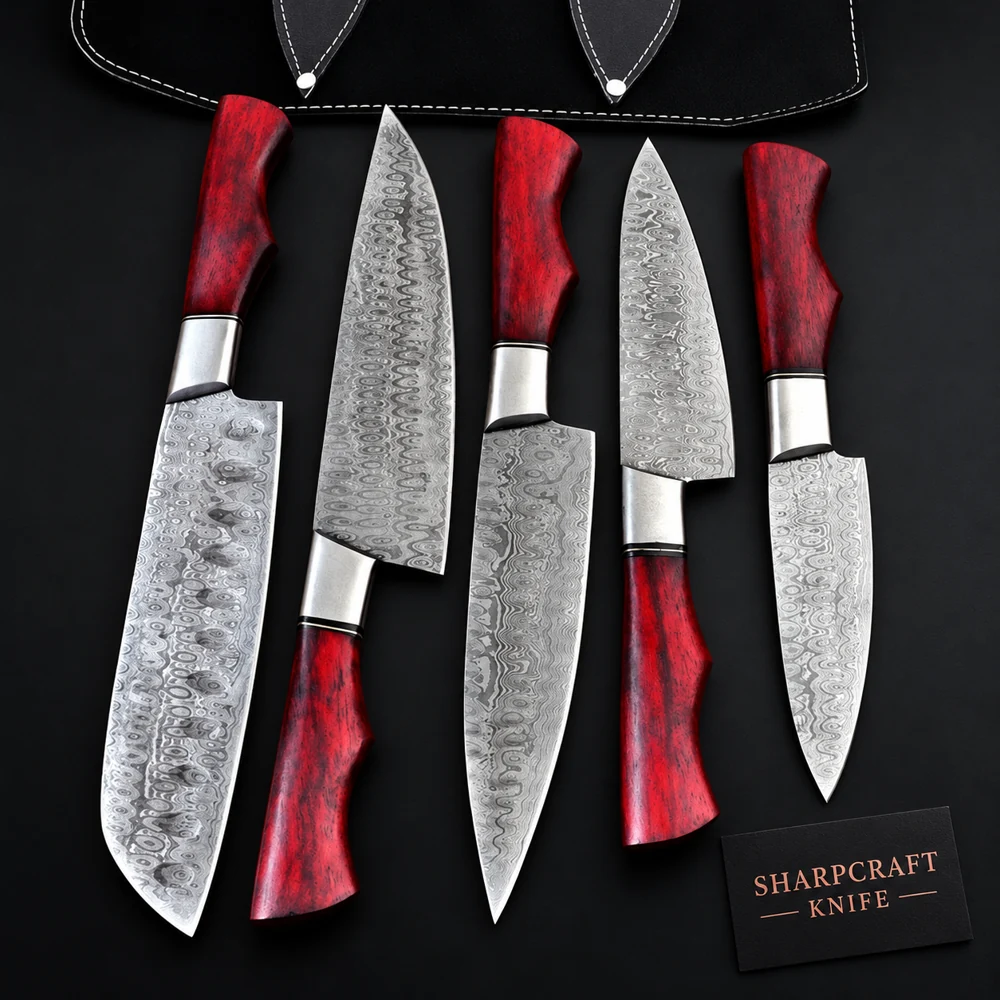 Damascus Chef Knife Set on a black background with Sharpcraft Knife card