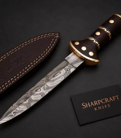 Damascus Dagger with Decorative Dark Handle — main product view on black with Sharpcraft Knife card
