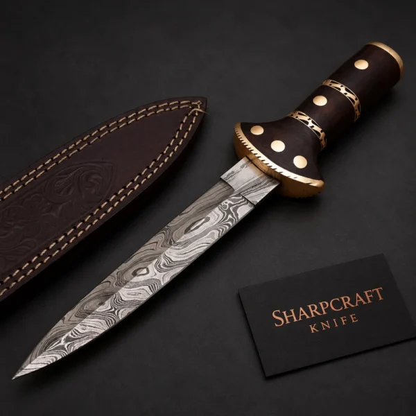 Damascus Dagger with Decorative Dark Handle — main product view on black with Sharpcraft Knife card