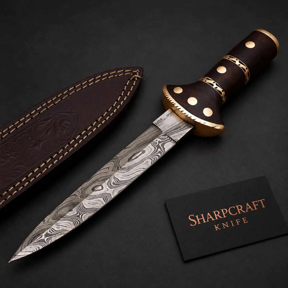 Damascus Dagger with Decorative Dark Handle — main product view on black with Sharpcraft Knife card