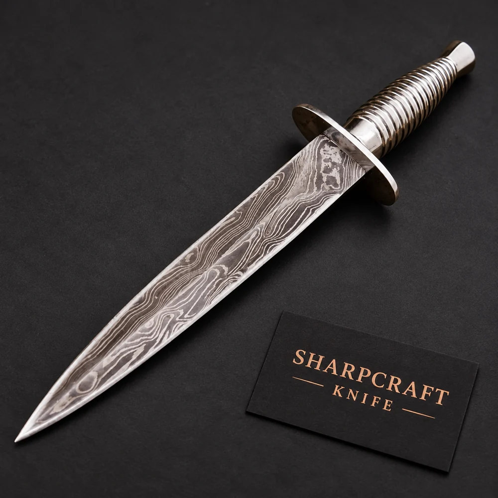 Damascus Dagger with Ribbed Metal Handle — main product view on black with Sharpcraft Knife card
