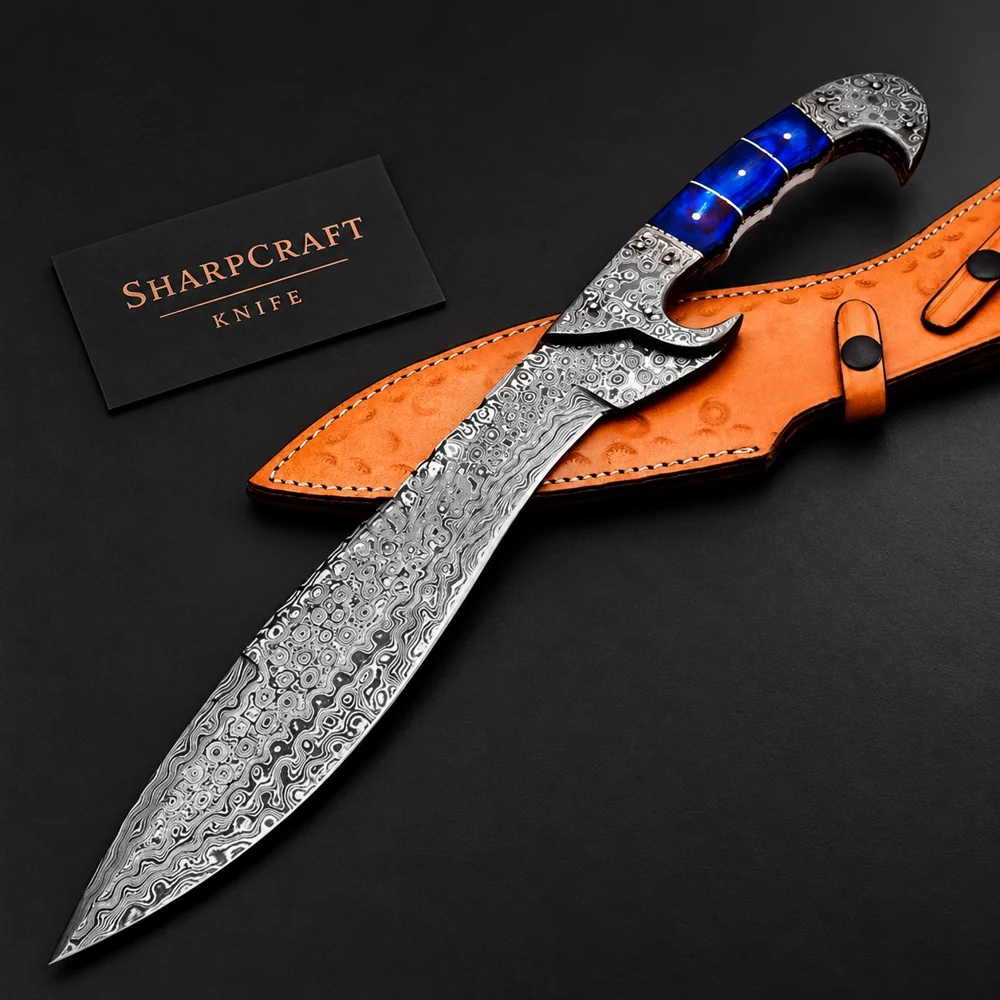 Damascus Fixed Blade Knife Blue Handle on a black background with Sharpcraft Knife card