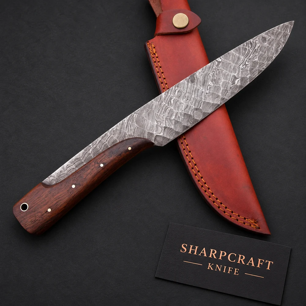 Damascus Fixed Blade with Brown Handle — main product view on black with Sharpcraft Knife card