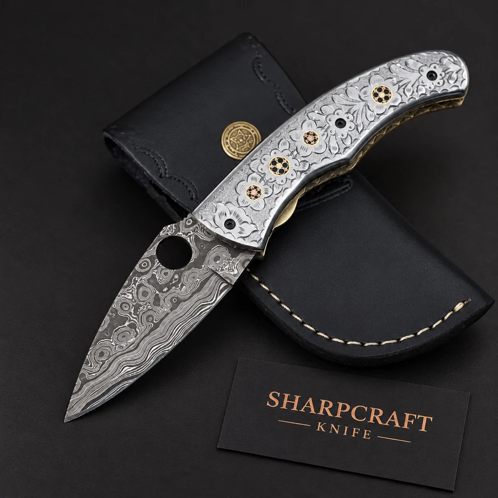 Damascus Folding Pocket Knife on a black background with Sharpcraft Knife card
