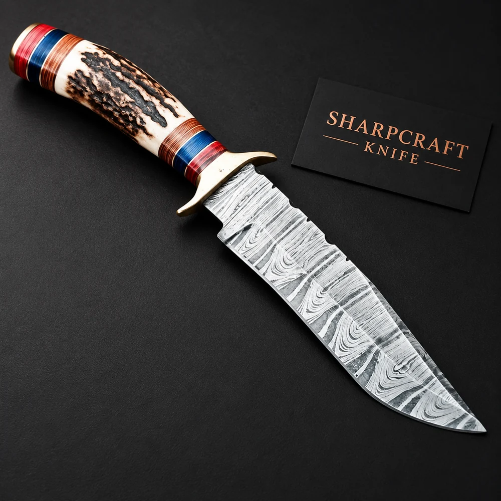 Damascus Gut Hook Knife Stag Handle on a black background with Sharpcraft Knife card