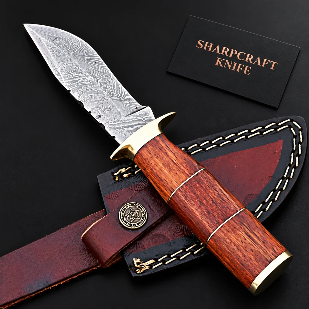 Damascus Hunting Knife Hardwood Brass on a black background with Sharpcraft Knife card