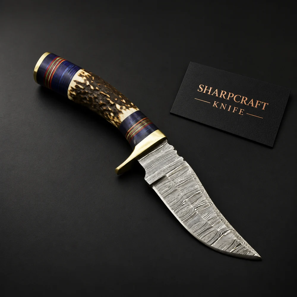 Damascus Hunting Knife Stag Antler on a black background with Sharpcraft Knife card